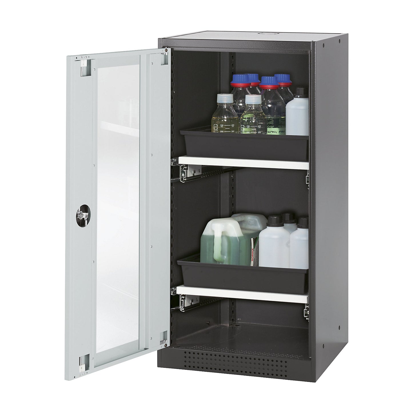 Laboratory chemical storage cupboard, 1 door, half height, 2 drawers, with vision panel, grey.