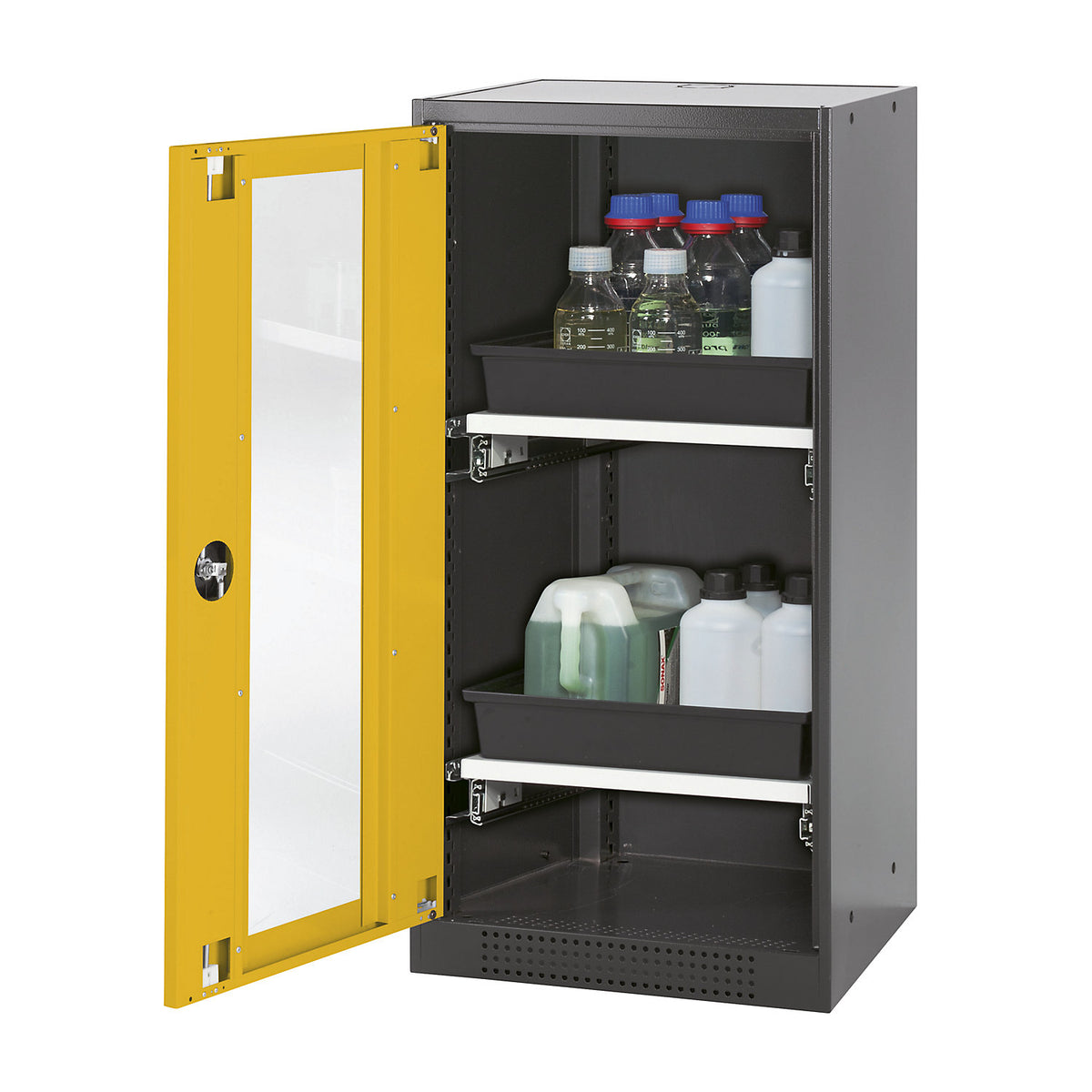 Laboratory chemical cabinet, 1 door, half height, 2 drawers, with vision panel, yellow.