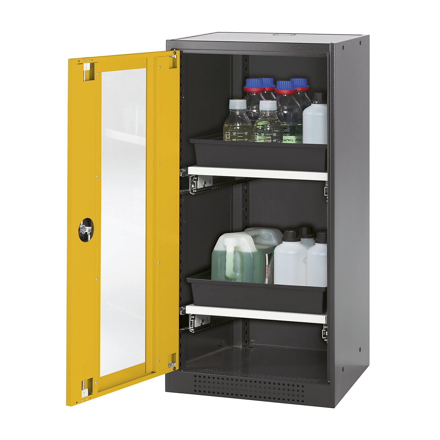 Laboratory chemical storage cupboard, 1 door, half height, 2 drawers, with vision panel, yellow.