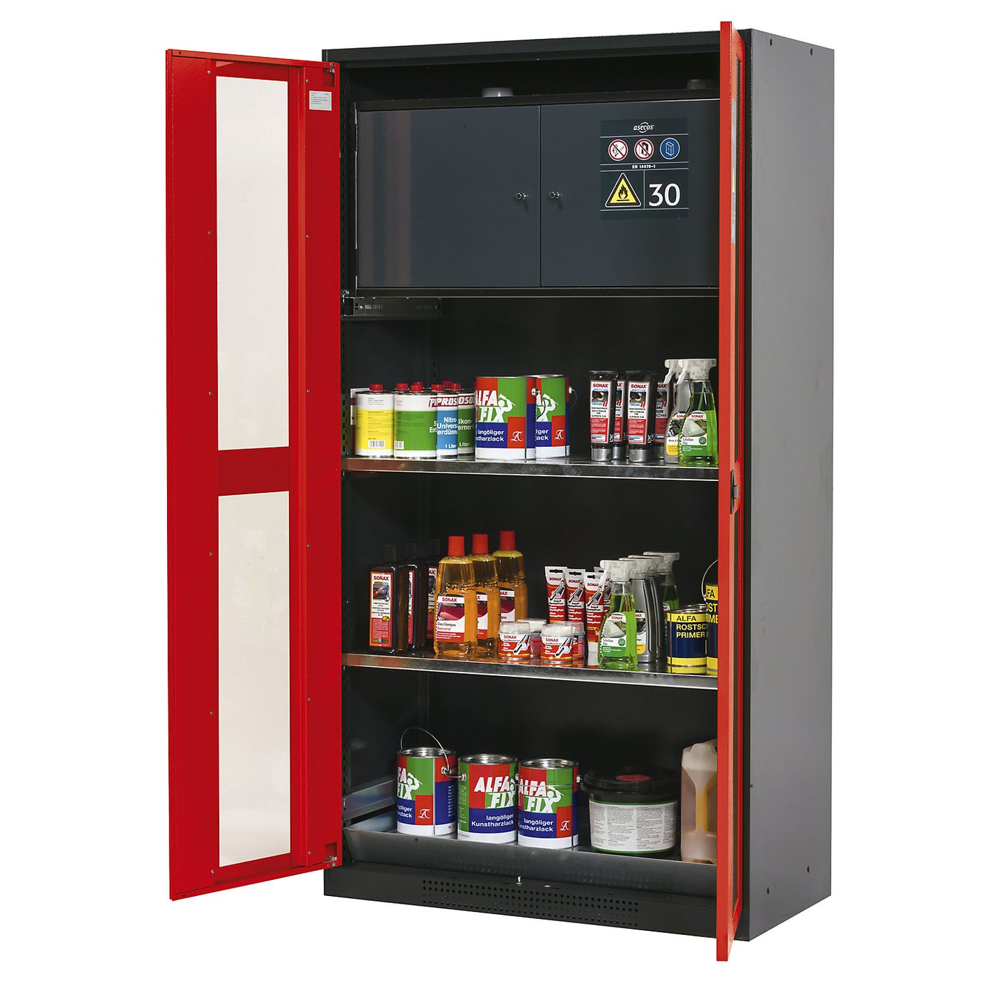 Chemical storage cupboard, door with vision panels, with type 30 hazardous goods storage box, traffic red.