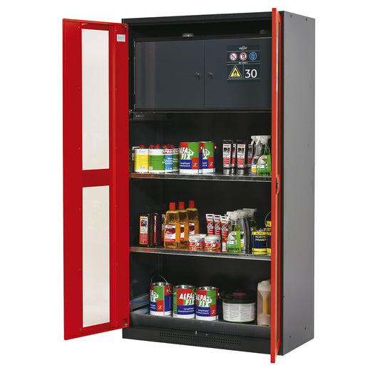 Chemical storage cupboard, door with vision panels, with type 30 hazardous goods storage box, traffic red.