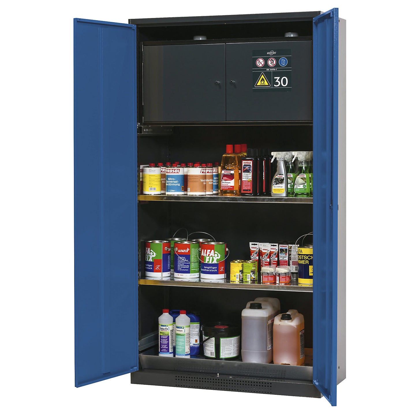 Chemical storage cupboard, solid door, with type 30 hazardous goods storage box, gentian blue.