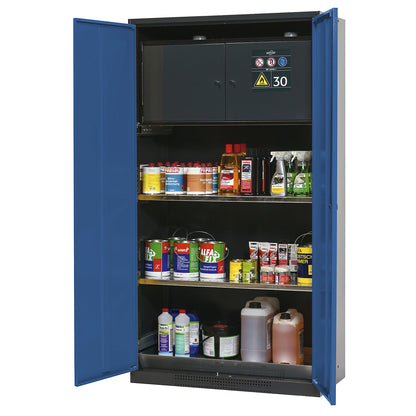 Chemical storage cupboard, solid door, with type 30 hazardous goods storage box, gentian blue.