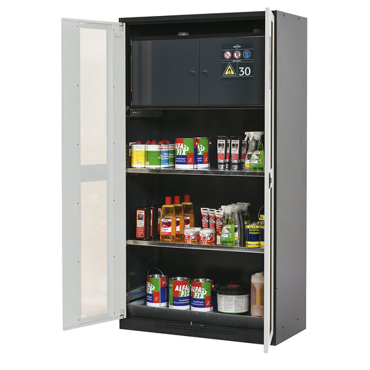 Chemical storage cupboard, door with vision panels, with type 30 hazardous goods storage box, light grey.