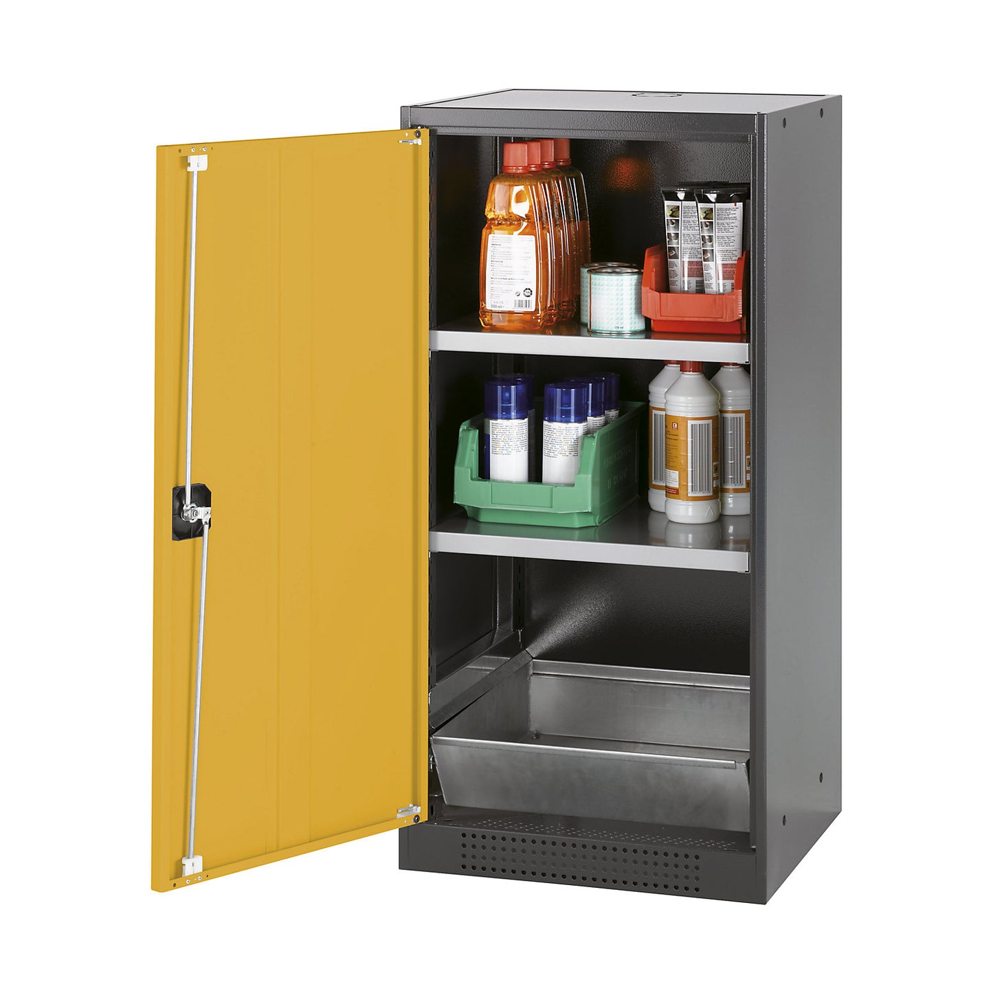 Laboratory chemical storage cupboard, 1 door, half height, 2 shelves, without vision panel, yellow.