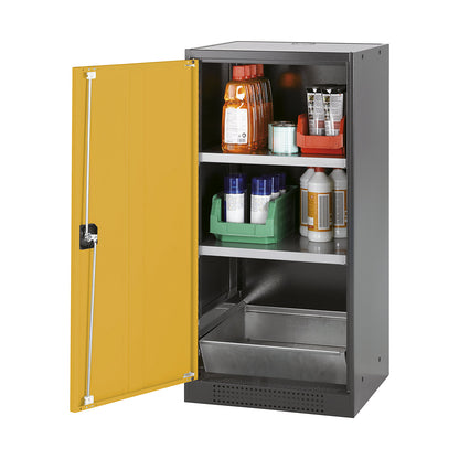 Laboratory chemical storage cupboard, 1 door, half height, 2 shelves, without vision panel, yellow.