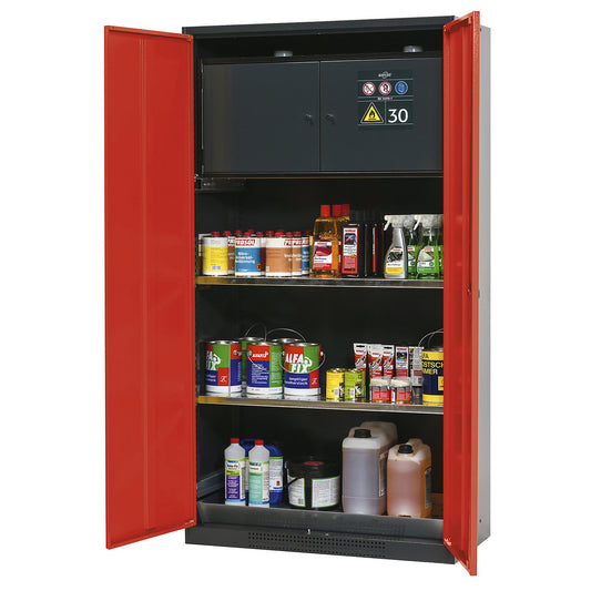 Chemical storage cupboard, solid door, with type 30 hazardous goods storage box, traffic red.