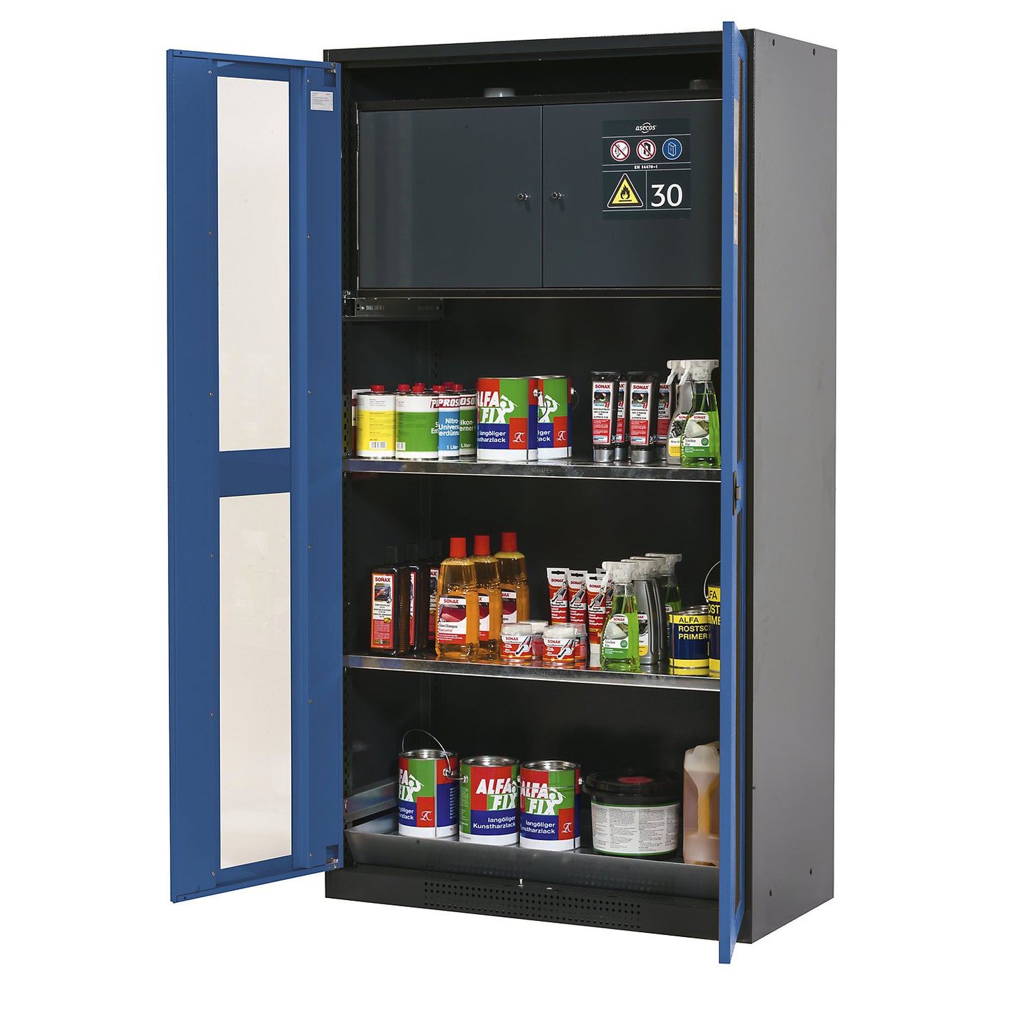 Chemical storage cupboard, door with vision panels, with type 30 hazardous goods storage box, gentian blue.