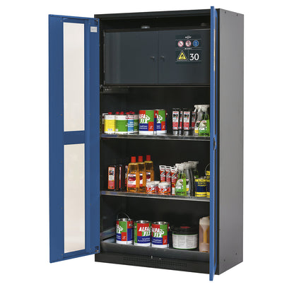 Chemical storage cupboard, door with vision panels, with type 30 hazardous goods storage box, gentian blue.