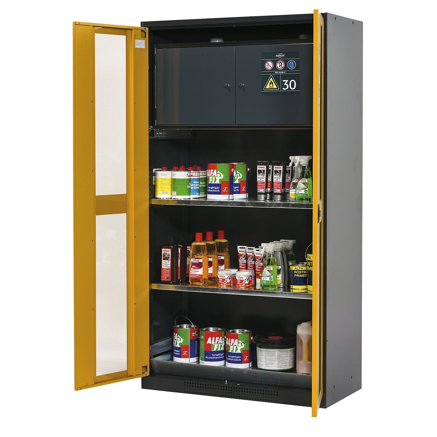 Chemical storage cupboard, door with vision panels, with type 30 hazardous goods storage box, gold yellow.