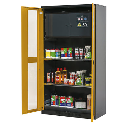 Chemical storage cupboard, door with vision panels, with type 30 hazardous goods storage box, gold yellow.