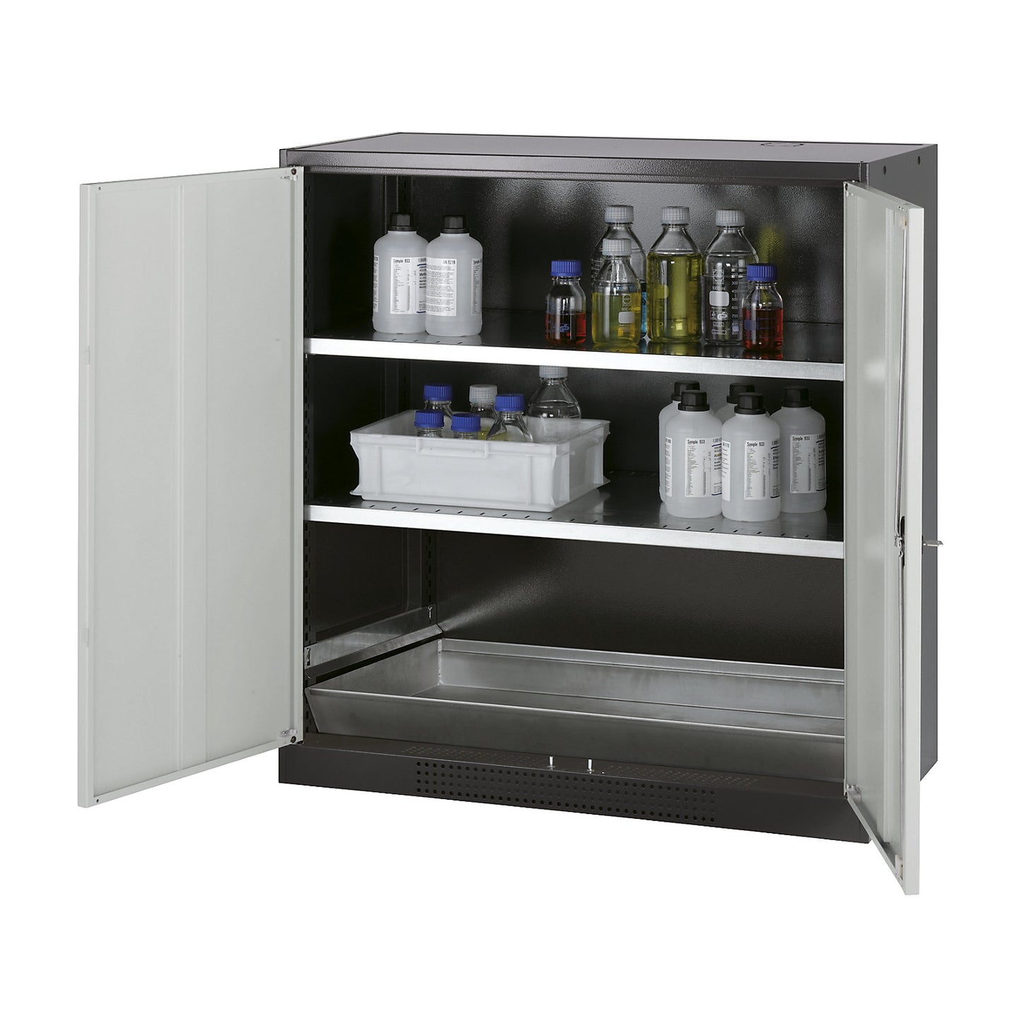 Laboratory chemical storage cupboard, 2 door, half height, 2 shelves, without vision panel, grey.