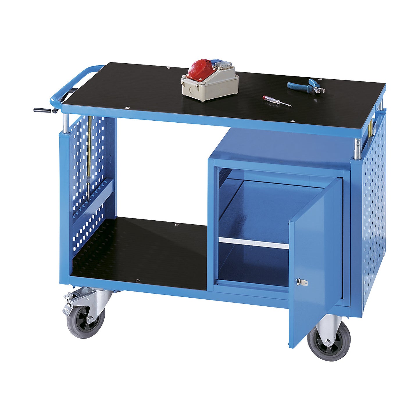 Assembly trolley, height adjustable, 1 shelf, 1 cupboard with shelf, light blue.
