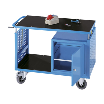 Assembly trolley, height adjustable, 1 shelf, 1 cupboard with shelf, light blue.