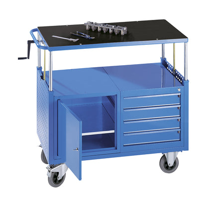 Assembly trolley, height adjustable, 1 cupboard with shelf, 4 drawers, light blue.