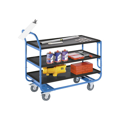 Table trolley, max. load 150 kg, 3 shelves with raised edges, solid rubber tyres, non-marking.