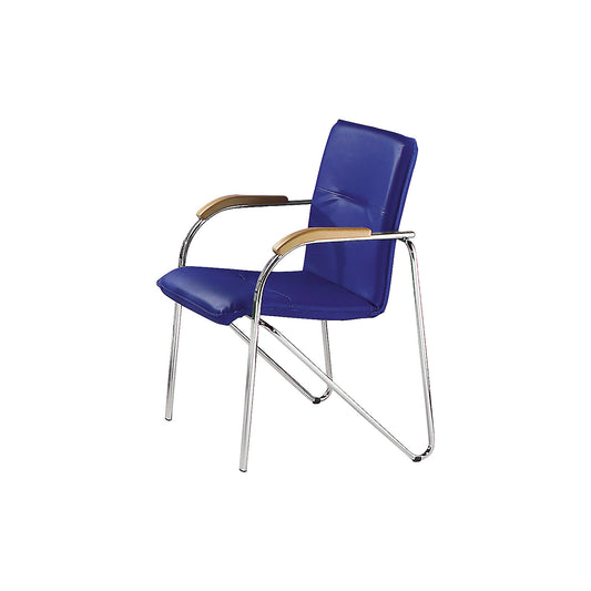 Stacking armchair with vinyl cover, chrome plated frame, pack of 2, upholstery colour blue.