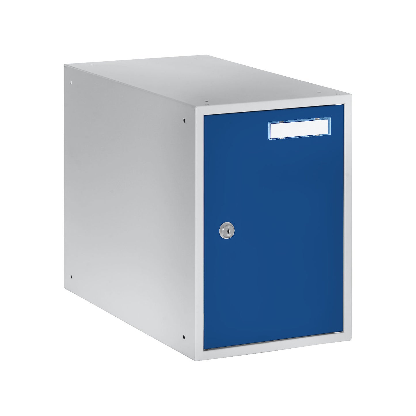 Cube locker, HxWxD 350 x 250 x 450 mm, solid panel door, light grey / gentian blue.