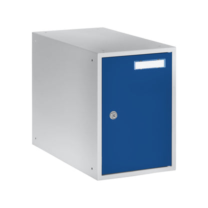 Cube locker, HxWxD 350 x 250 x 450 mm, solid panel door, light grey / gentian blue.