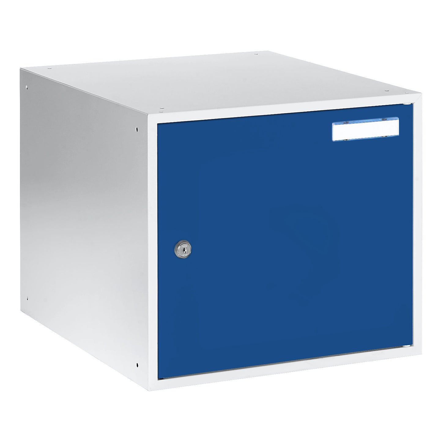 Cube locker, HxWxD 350 x 400 x 450 mm, solid panel door, light grey / gentian blue.