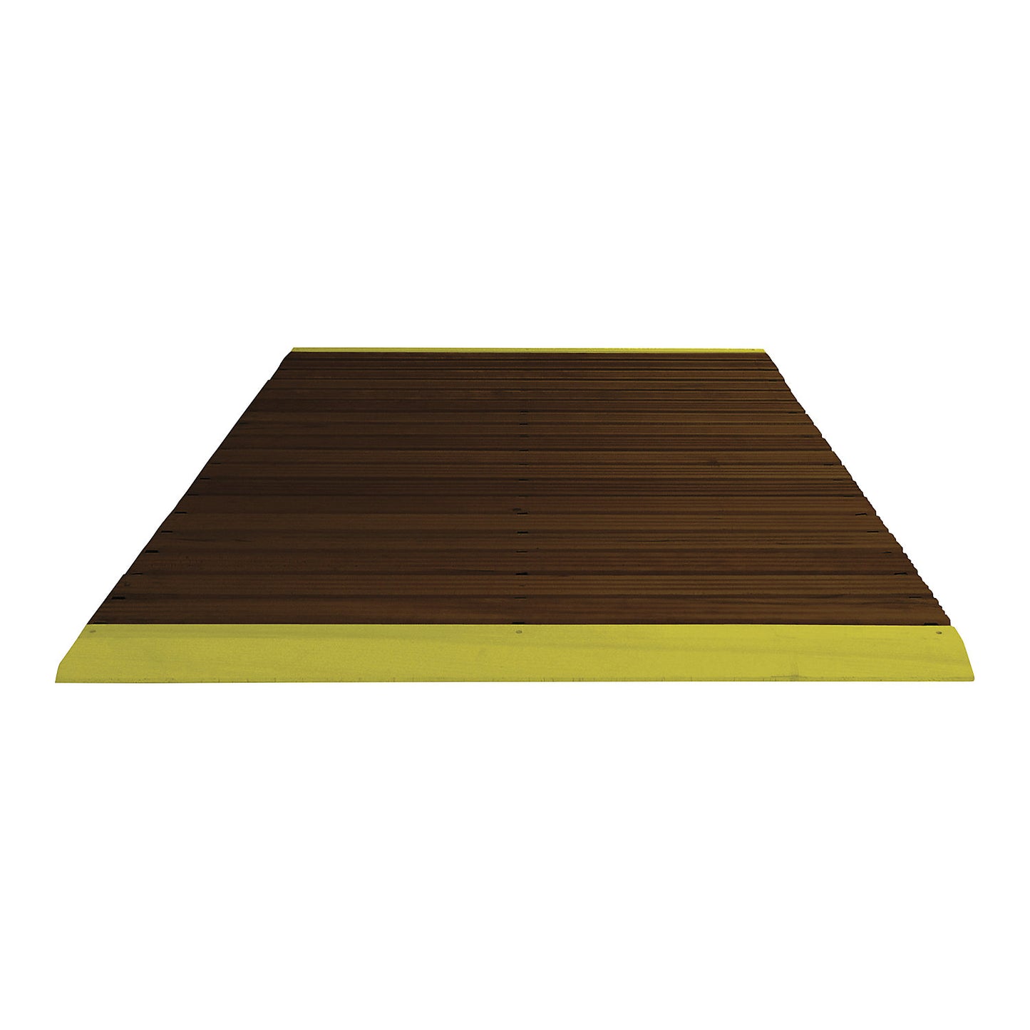 Wooden safety grid Yoga, ddark stain, per metre, with bevelled edge, incl. yellow ramp edges, width 1200 mm.