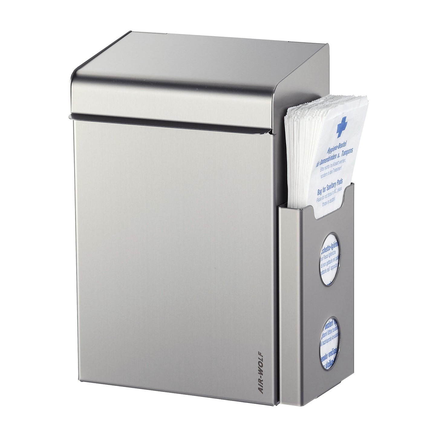 Sanitary waste collector with bag dispenser, capacity 8 l, WxHxD 220 x 342 x 153 mm, brushed stainless steel.