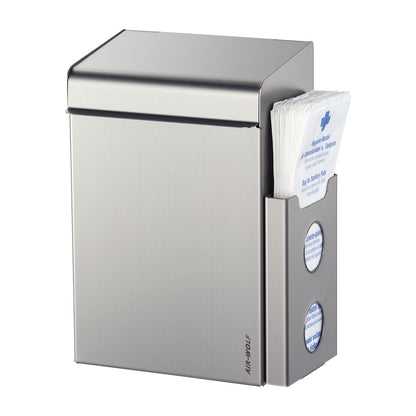Sanitary waste collector with bag dispenser, capacity 8 l, WxHxD 220 x 342 x 153 mm, brushed stainless steel.