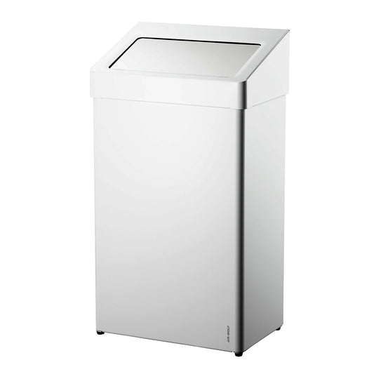 Waste bin, stainless steel, with hinged lid, capacity 60 l, WxHxD 400 x 726 x 258 mm, powder coated white.