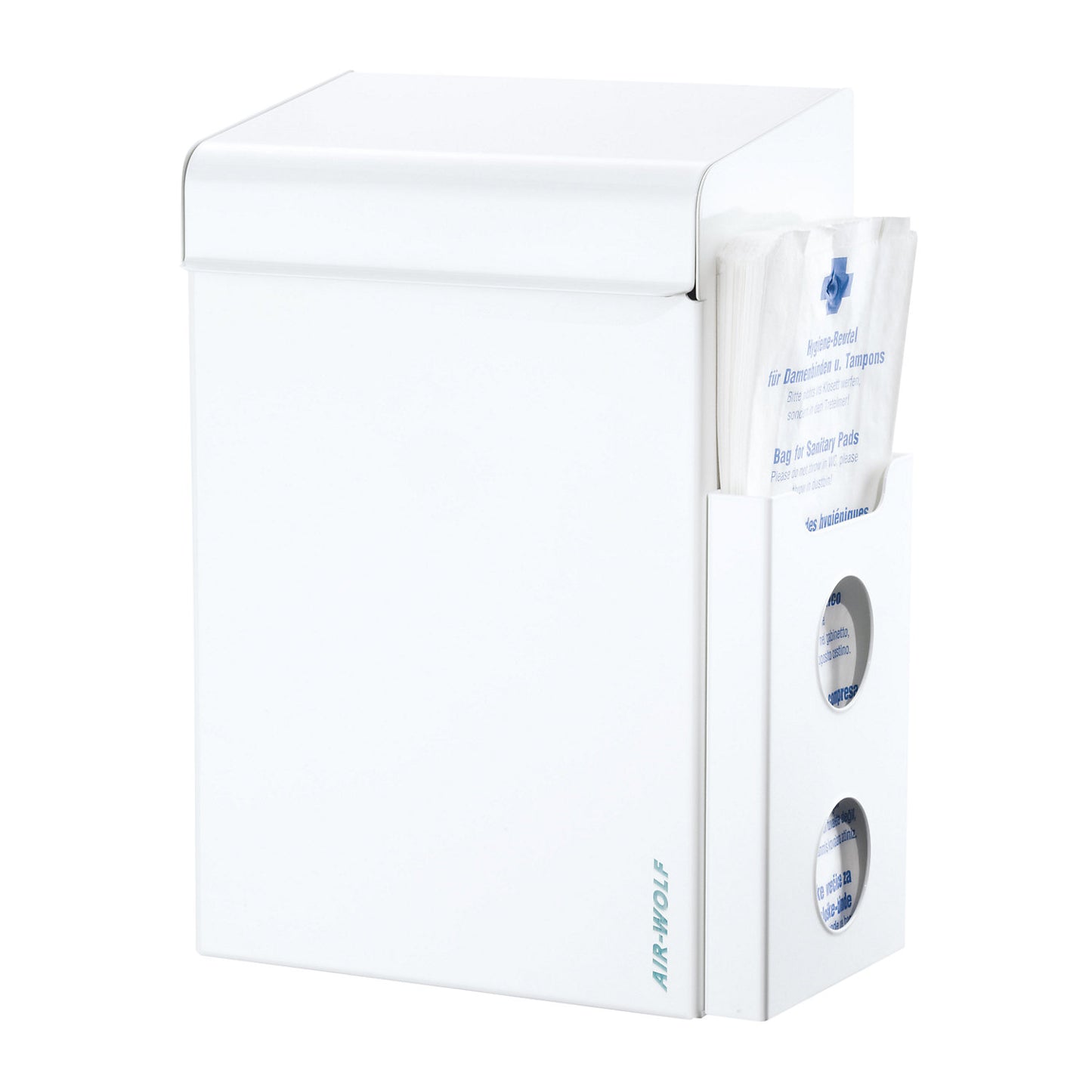 Sanitary waste collector with bag dispenser, capacity 8 l, WxHxD 220 x 342 x 153 mm, white stainless steel.