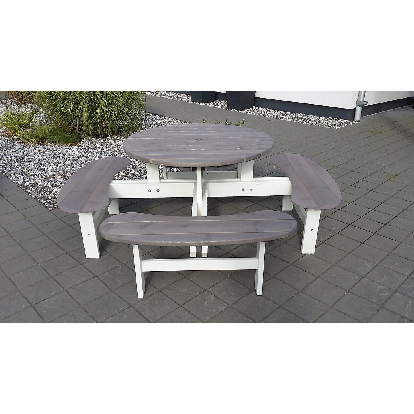 Picnic bench, round, table Ø 1100 mm, white / grey.