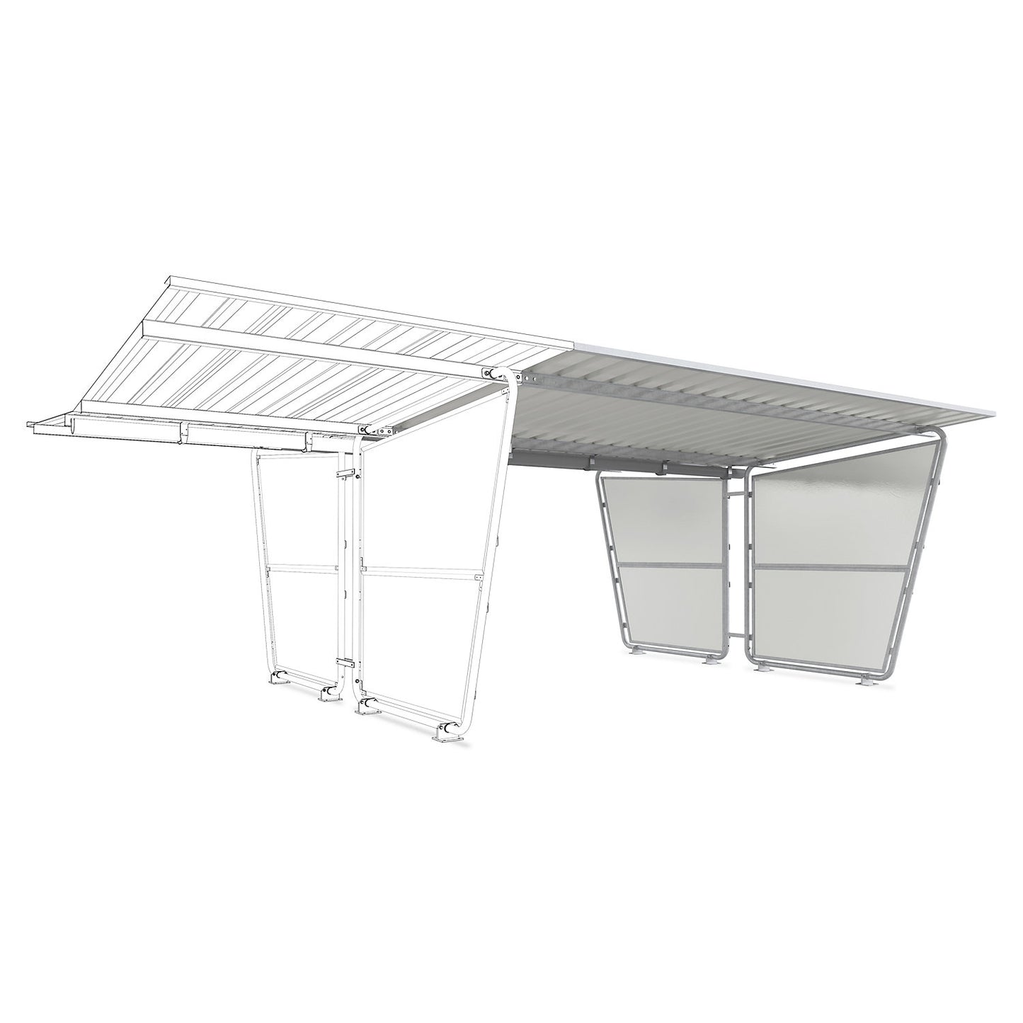 Siegen shelter, extension unit, double sided, made of profiled metal sheet, depth 4660 mm.