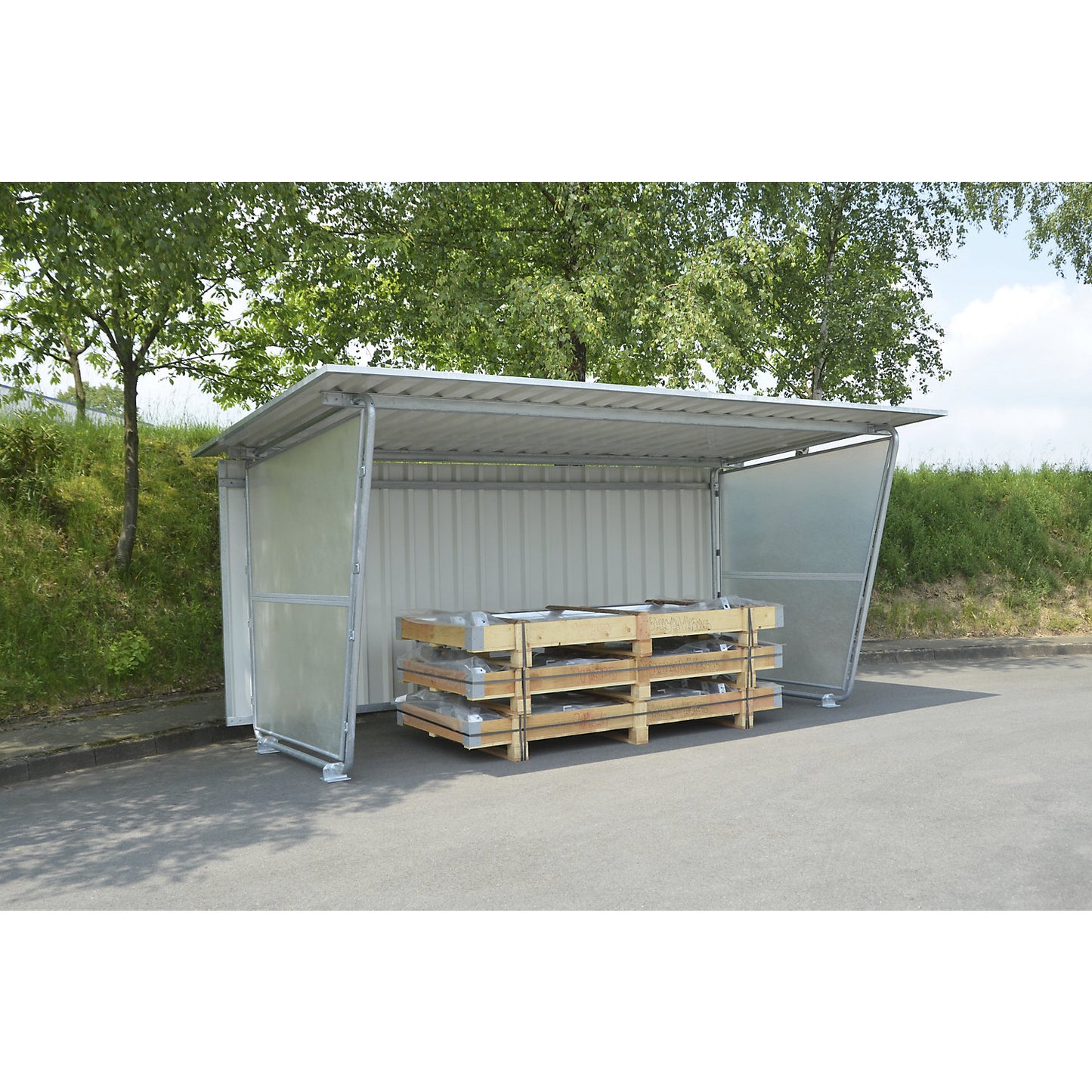 Siegen shelter, extension unit, double sided, made of profiled metal sheet, depth 4660 mm.