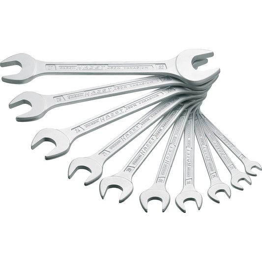 Double open ended spanner set, 10 pieces, chrome plated.