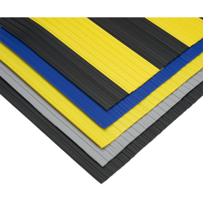 Soft PVC runner, with closed surface, sold by the metre, black/yellow, width 600 mm.