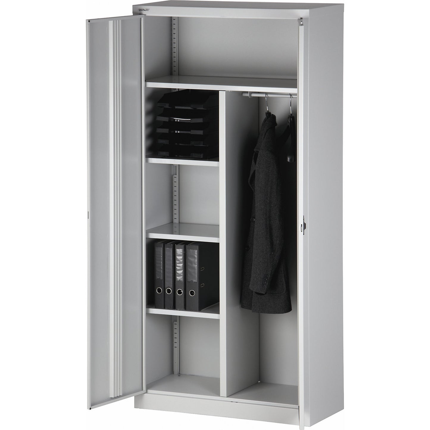 UNIVERSAL double door cupboard, HxWxD 1950 x 914 x 400 mm, with wardrobe insert, light grey / cardinal red.