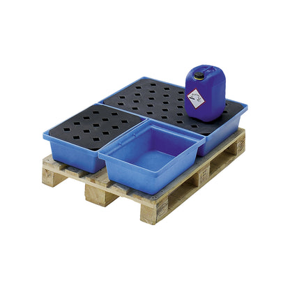 PE small container and pallet tray, LxWxH 1200 x 800 x 185 mm, sump capacity 100 l, without grate.