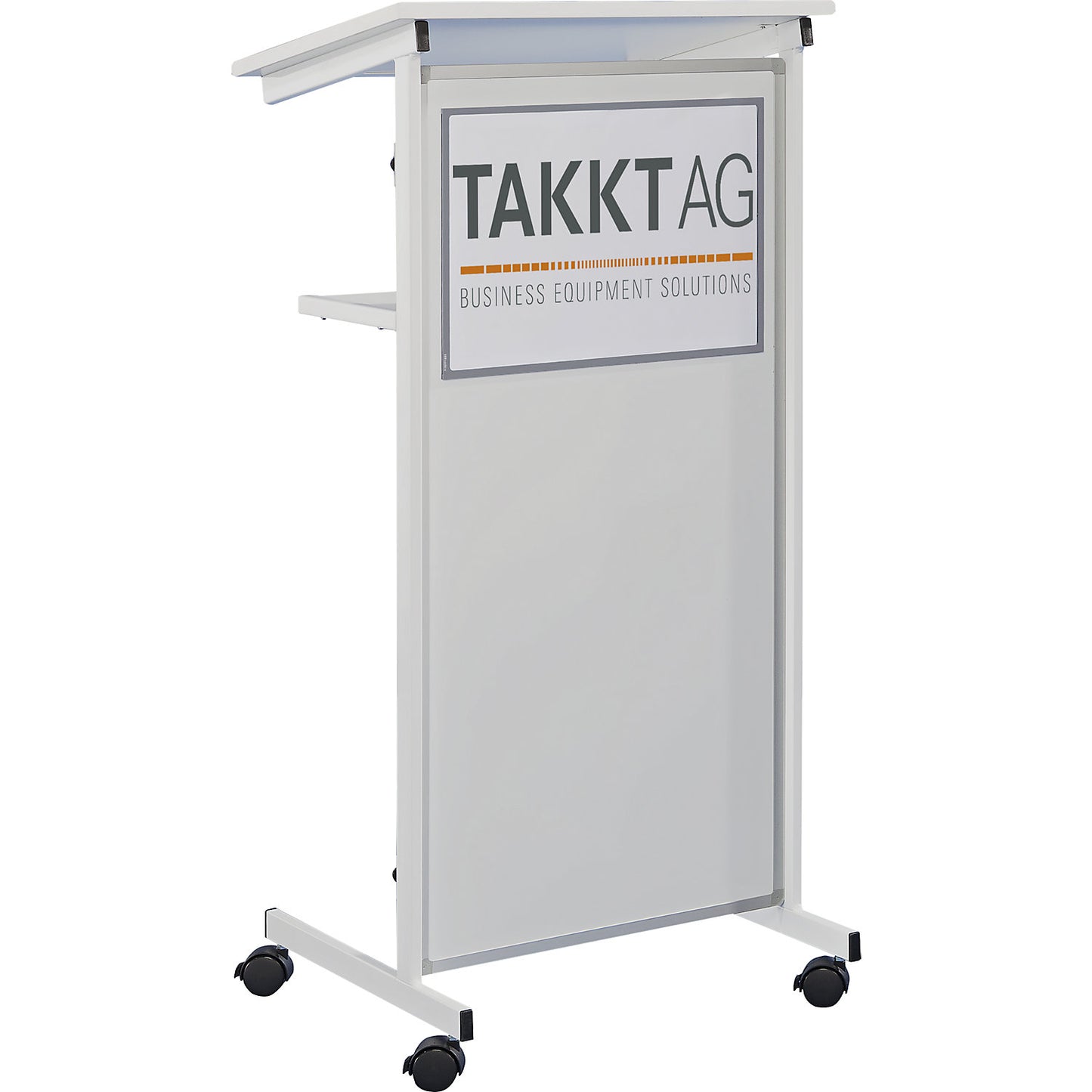 Lectern, 2 shelves, front made of sheet steel, white.