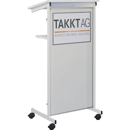 Lectern, 2 shelves, front made of sheet steel, white.