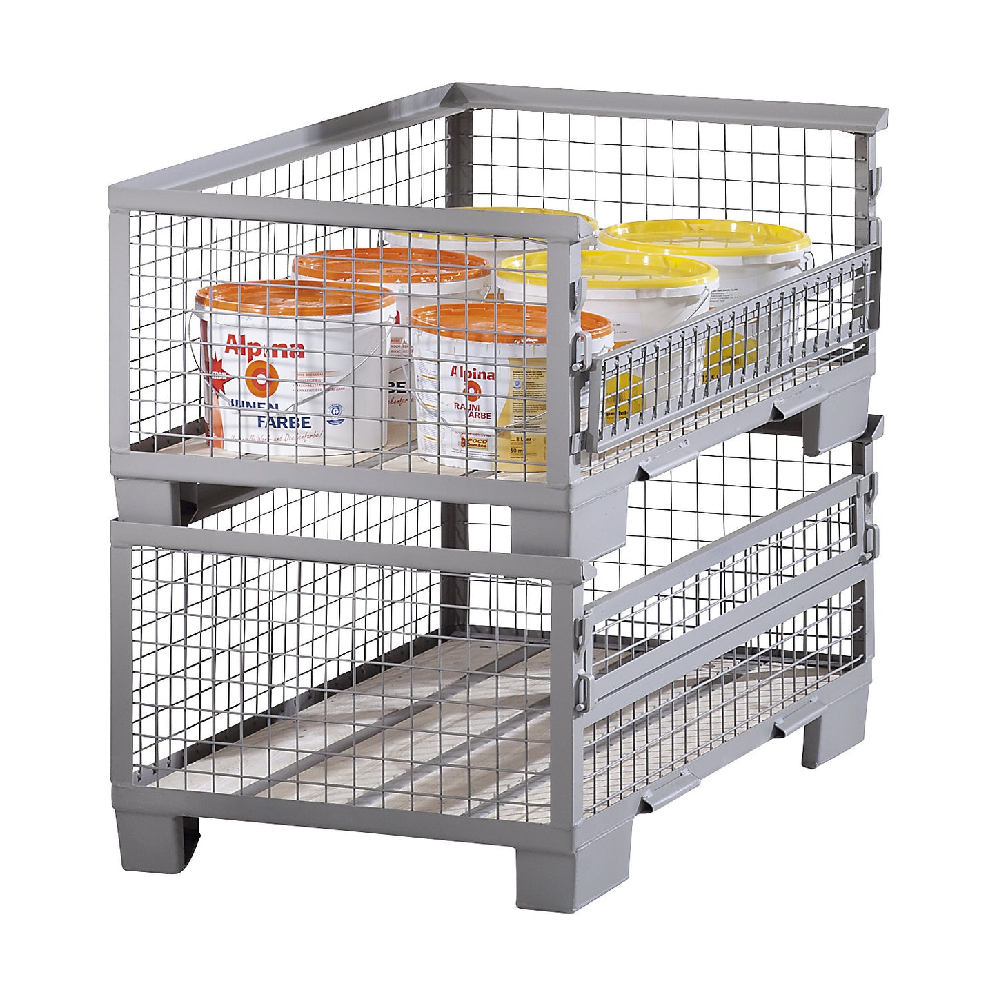 Mesh pallet, medium height, 1 long side with half drop gate, 1+ items.