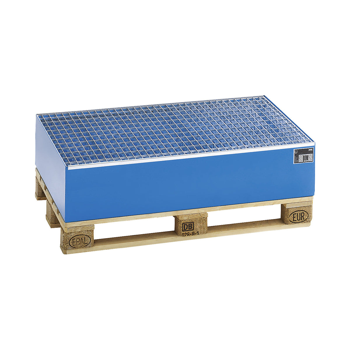 Pallet sump tray, LxWxH 1200 x 800 x 260 mm, blue RAL 5012, with grate.
