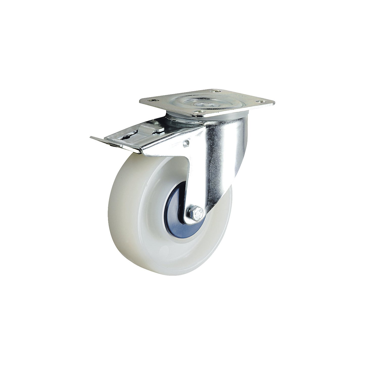 Nylon wheel, white, wheel Ø x width 125 x 40 mm, swivel castor with double stop.
