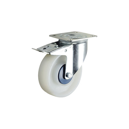 Nylon wheel, white, wheel Ø x width 125 x 40 mm, swivel castor with double stop.