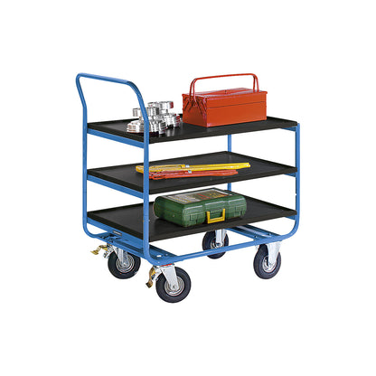 Table trolley, max. load 150 kg, 3 shelves with raised edges, pneumatic tyres.