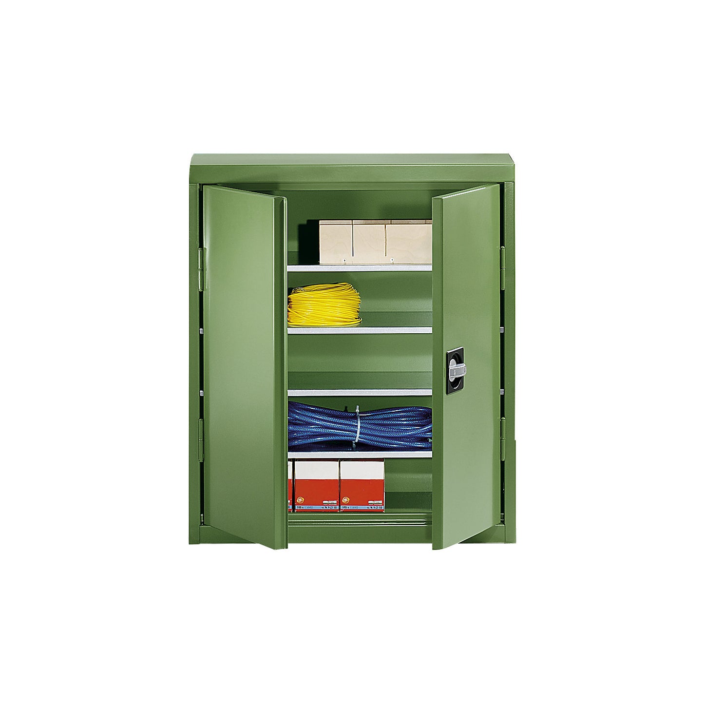 Storage cupboard made of sheet steel, height 780 mm, reseda green RAL 6011, 4 shelves.