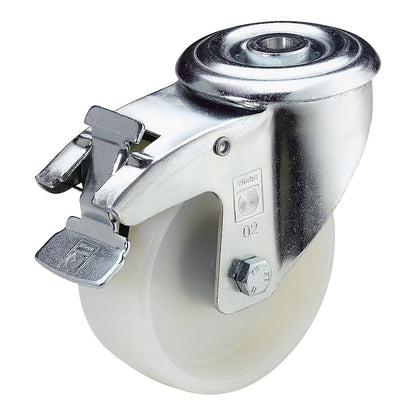 Nylon wheel with bolt hole, wheel Ø x width 100 x 38 mm, swivel castor with double stop.