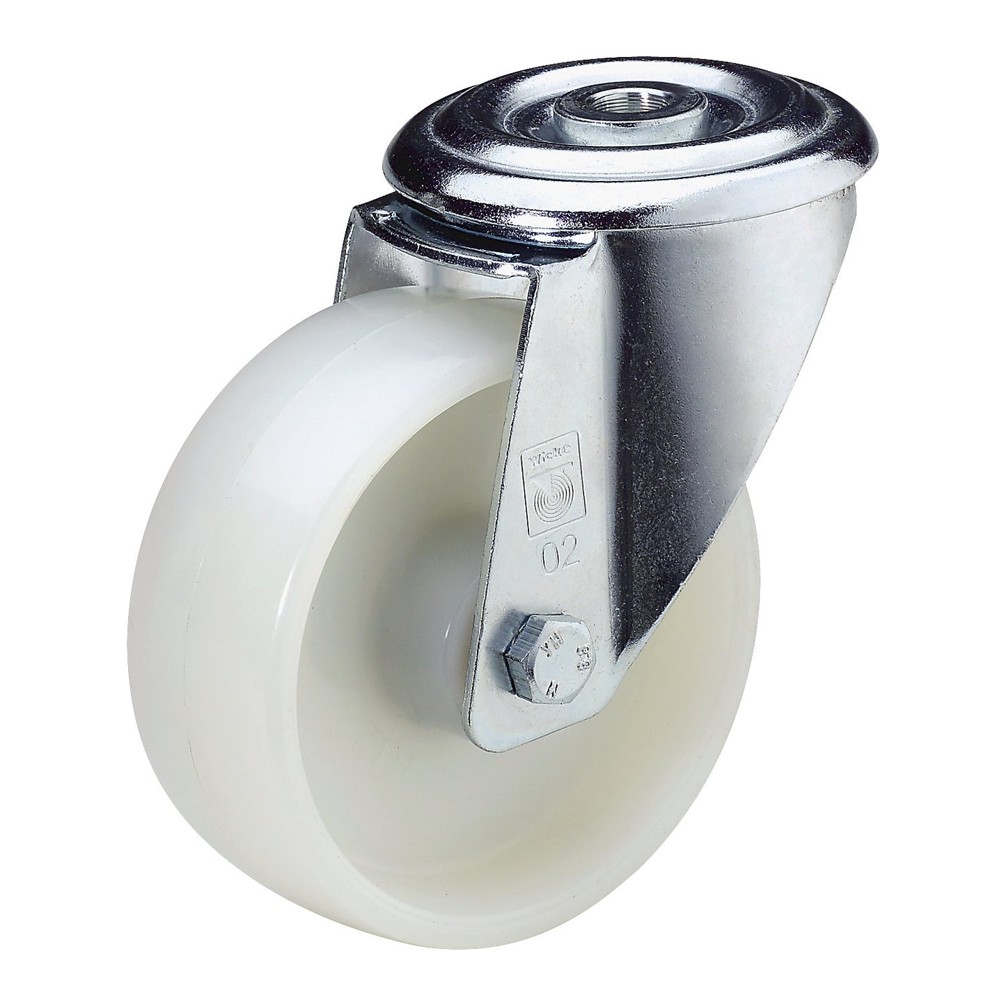 Nylon wheel with bolt hole, wheel Ø x width 80 x 35 mm, swivel castor.