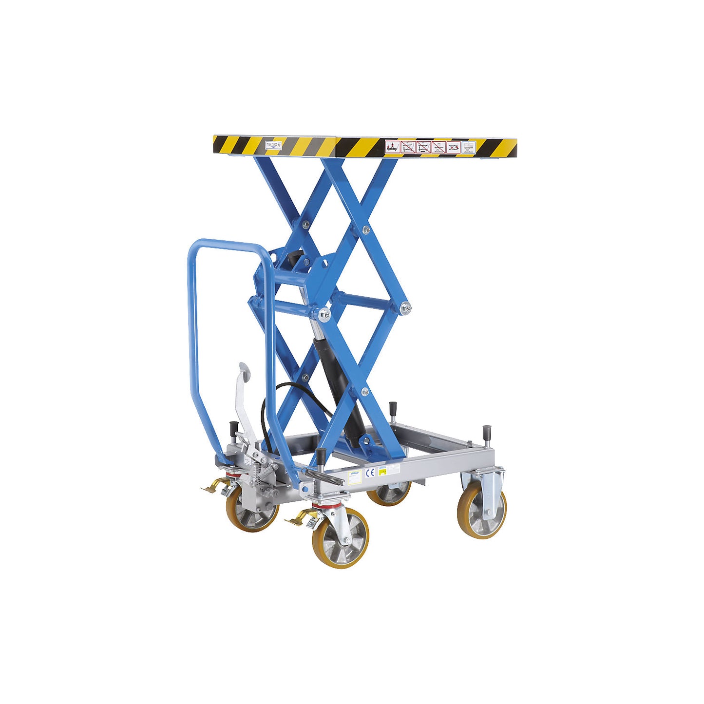 Double scissor lifting platform truck, max. load 1000 kg, lifting range 470 - 1400 mm, polyurethane tyres.