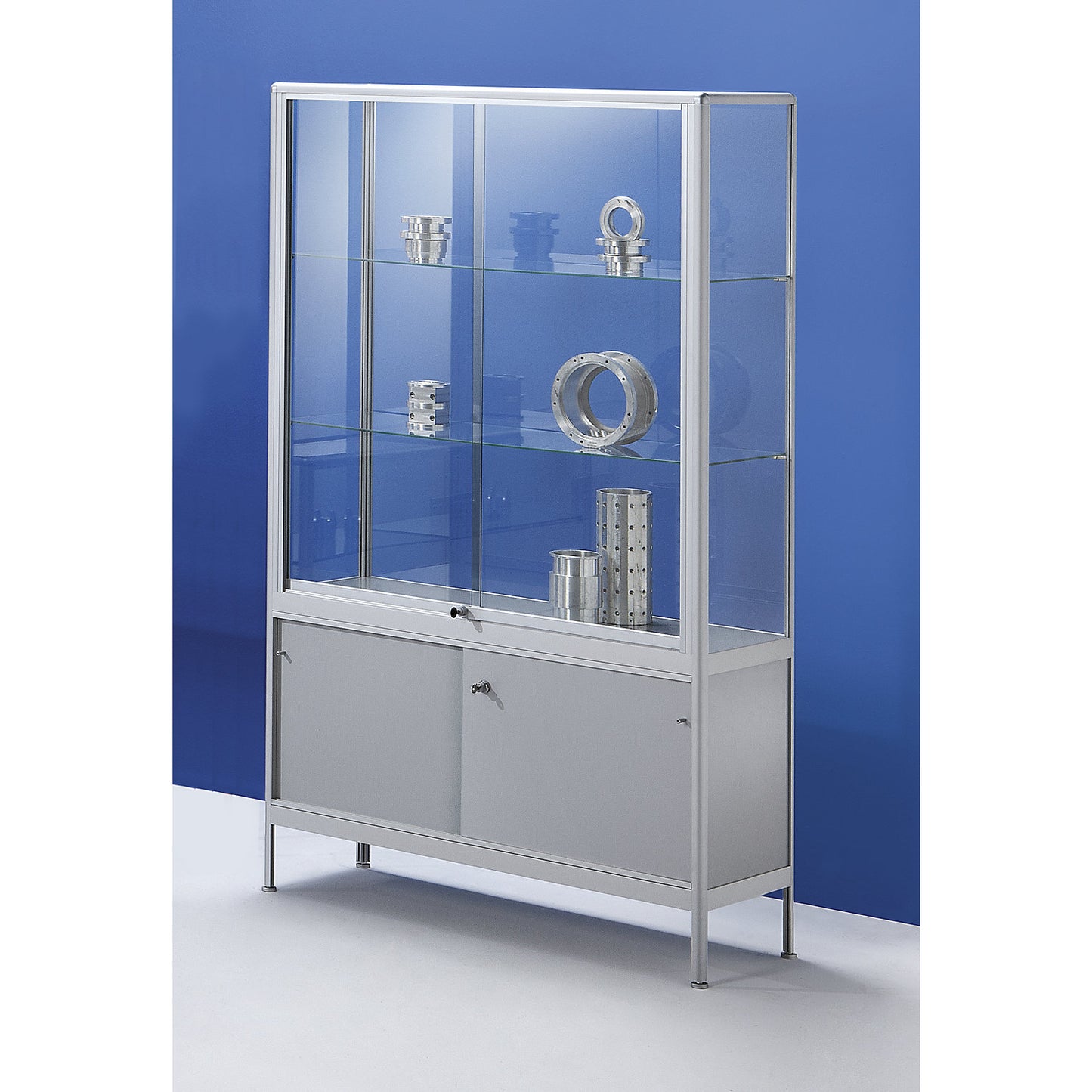 Glass cabinet, cabinet version with storage compartment, width 500 mm, 1 hinged door.