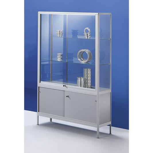 Glass cabinet, cabinet version with storage compartment, width 500 mm, 1 hinged door, flame resistant.