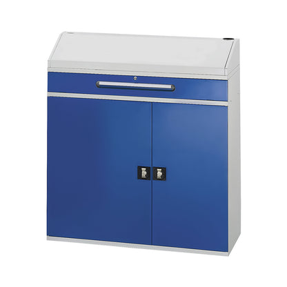 Industrial pedestal desk, with 1 drawer above the cupboard, width 1100 mm, light grey / gentian blue.